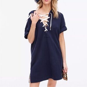 J CREW NWT Terry Lace-Up Hooded Dress in Navy and White